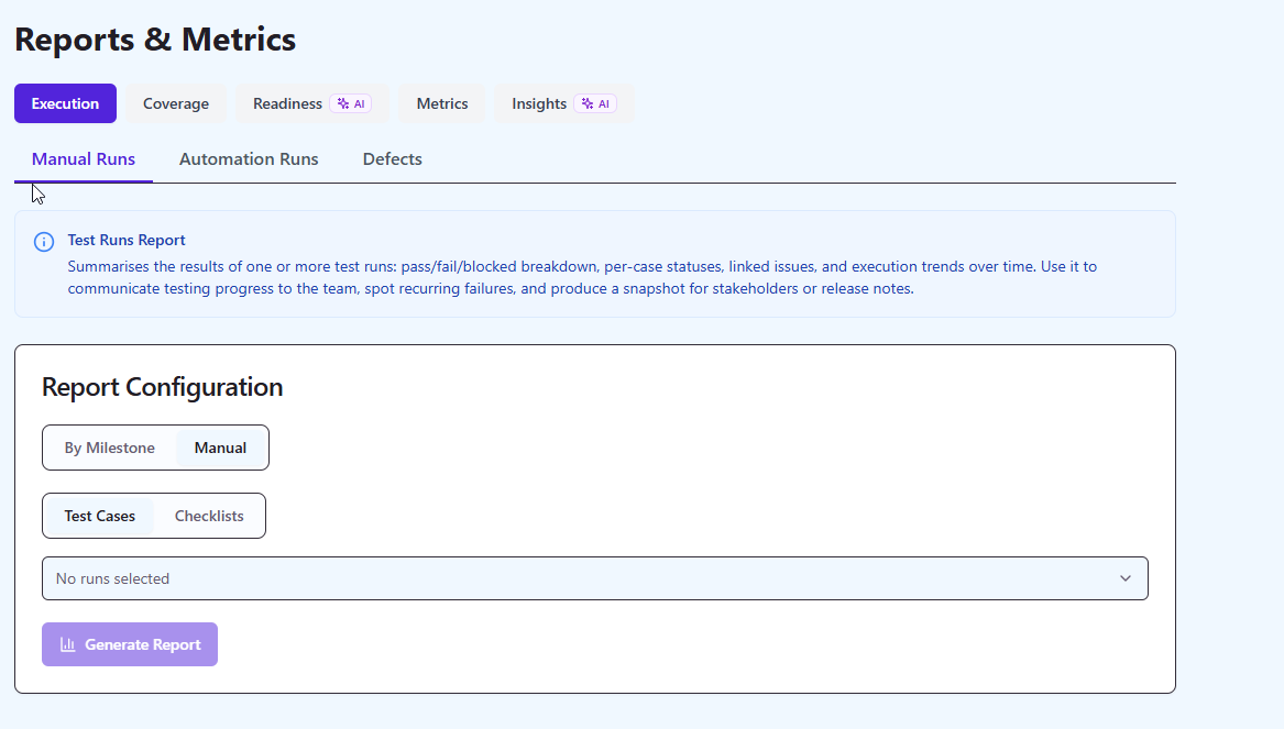 QAM Hub reports area listing coverage, traceability, automation, and release-readiness reports