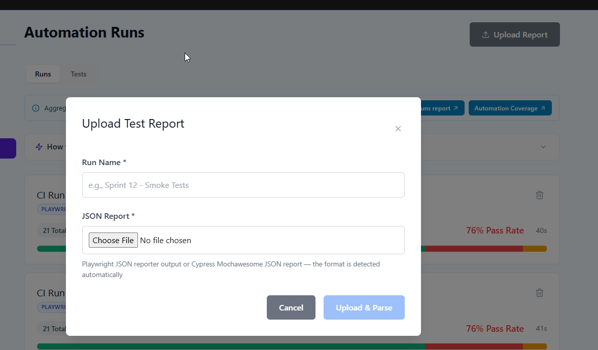 QAM Hub Automation section with drag-and-drop area for uploading a Playwright JSON report