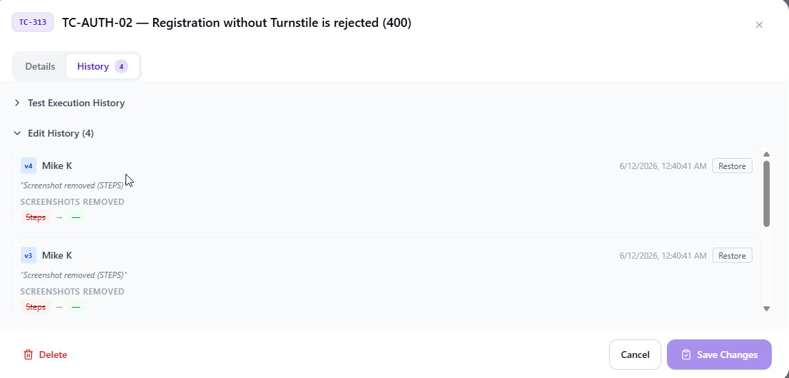 QAM Hub test case version history showing version list with editor, timestamp, and change diff