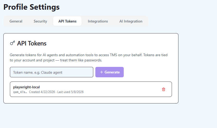 QAM Hub profile settings showing API token generation for the Playwright and Cypress reporters