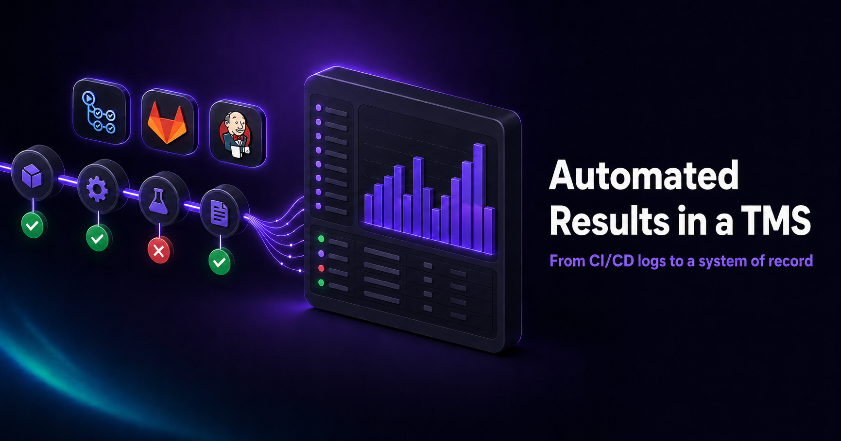 A CI/CD pipeline feeding automated test results into a test management system as a stored run history