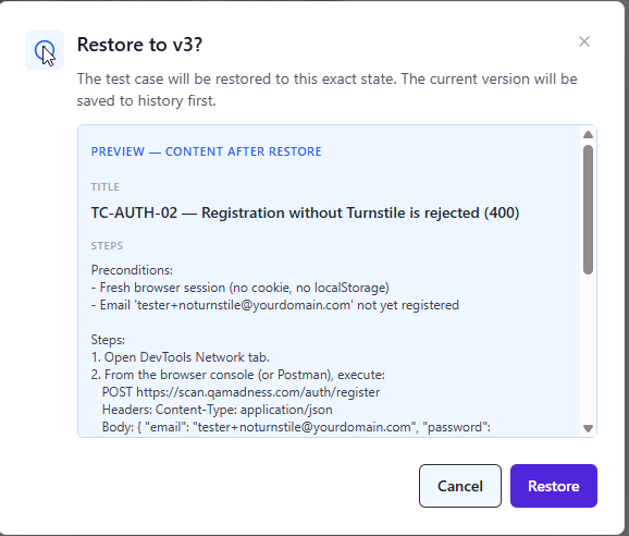 QAM Hub rollback confirmation modal previewing the restored test case state