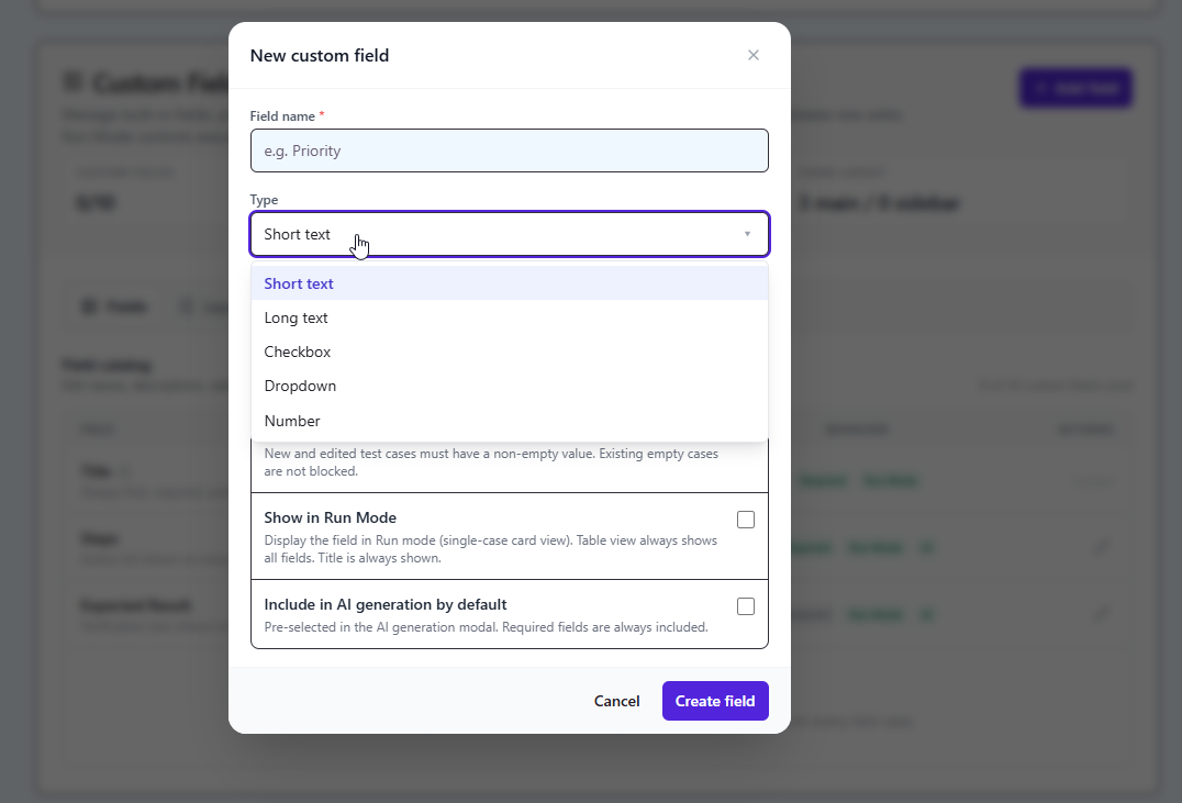 QAM Hub custom field configuration showing field name, type selection, and ordering