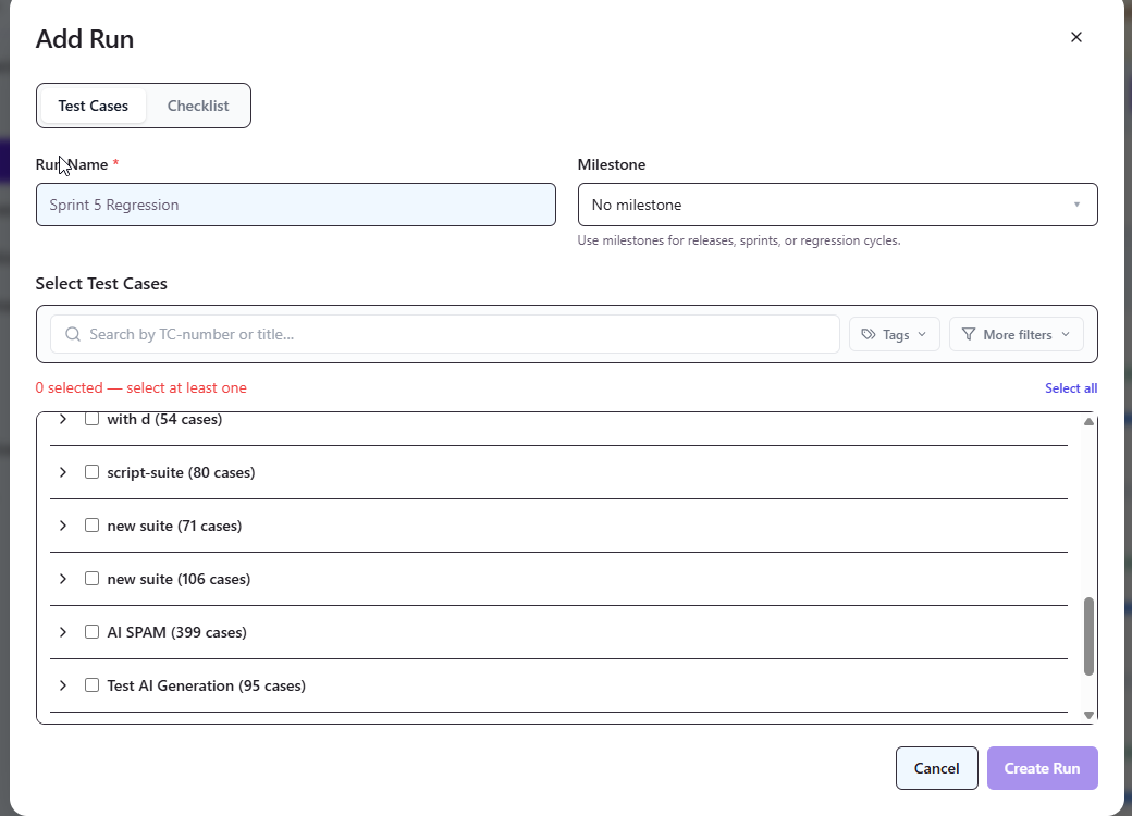 QAM Hub test run creation showing test case selection and tester assignment