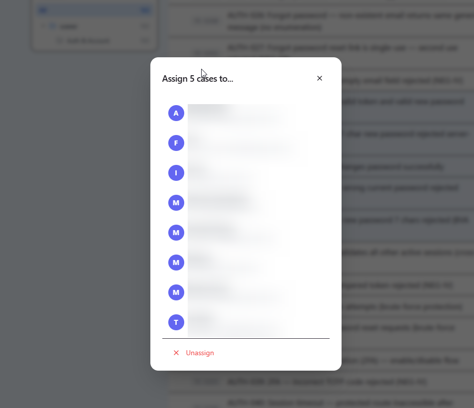 QAM Hub test run with test cases assigned to different testers