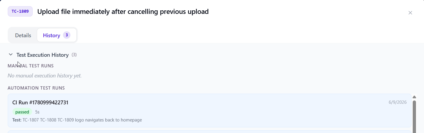 QAM Hub manual test case linked to its Cypress automated execution history via a TC number