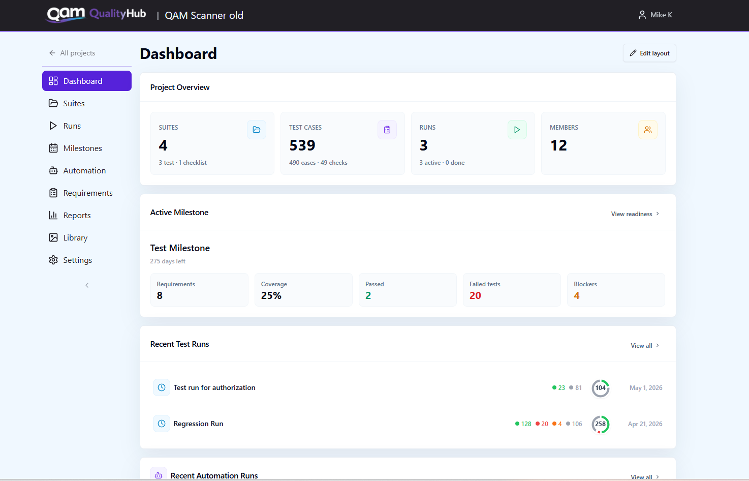 QAM Hub dashboard showing test cases, runs, and automation coverage in one workspace