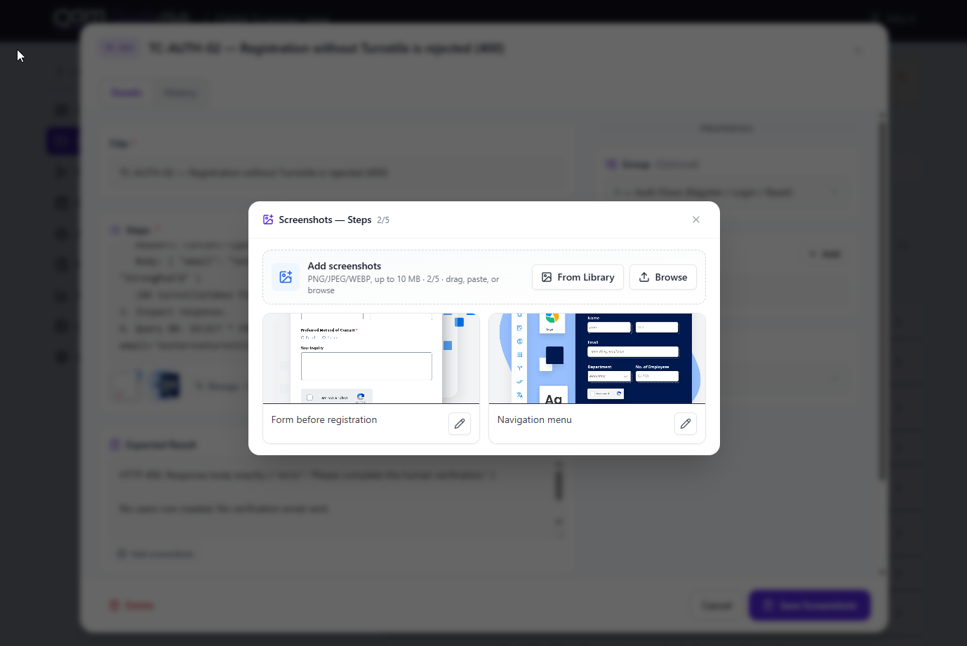 QAM Hub test case editor with steps, expected result, and attached screenshots