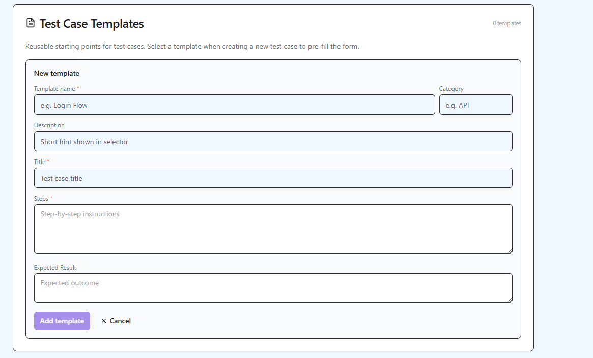 QAM Hub test case template editor showing name, category, steps, and custom field selection