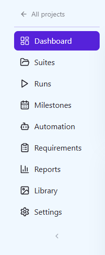QAM Hub project sidebar showing test cases, runs, requirements, reports, and automation