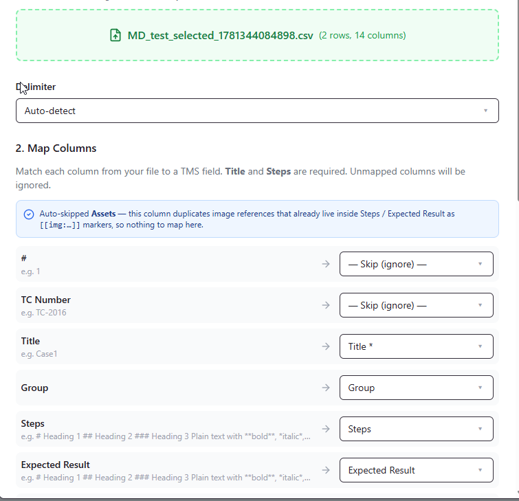 QAM Hub CSV import dialog mapping spreadsheet columns to test case fields