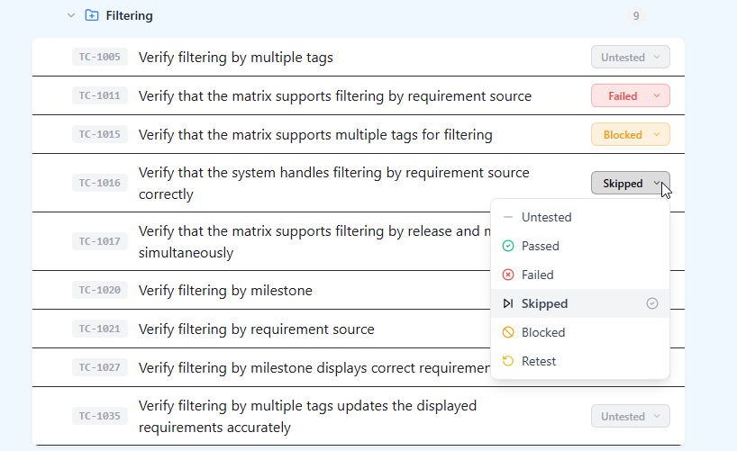 Setting an execution status on a test case inside a QAM Hub test run