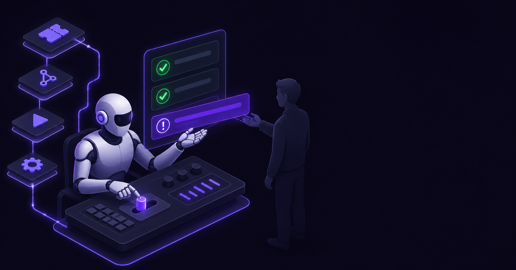 Isometric illustration of an AI agent handing off a triaged test report to a QA engineer, with automated checks running in the background