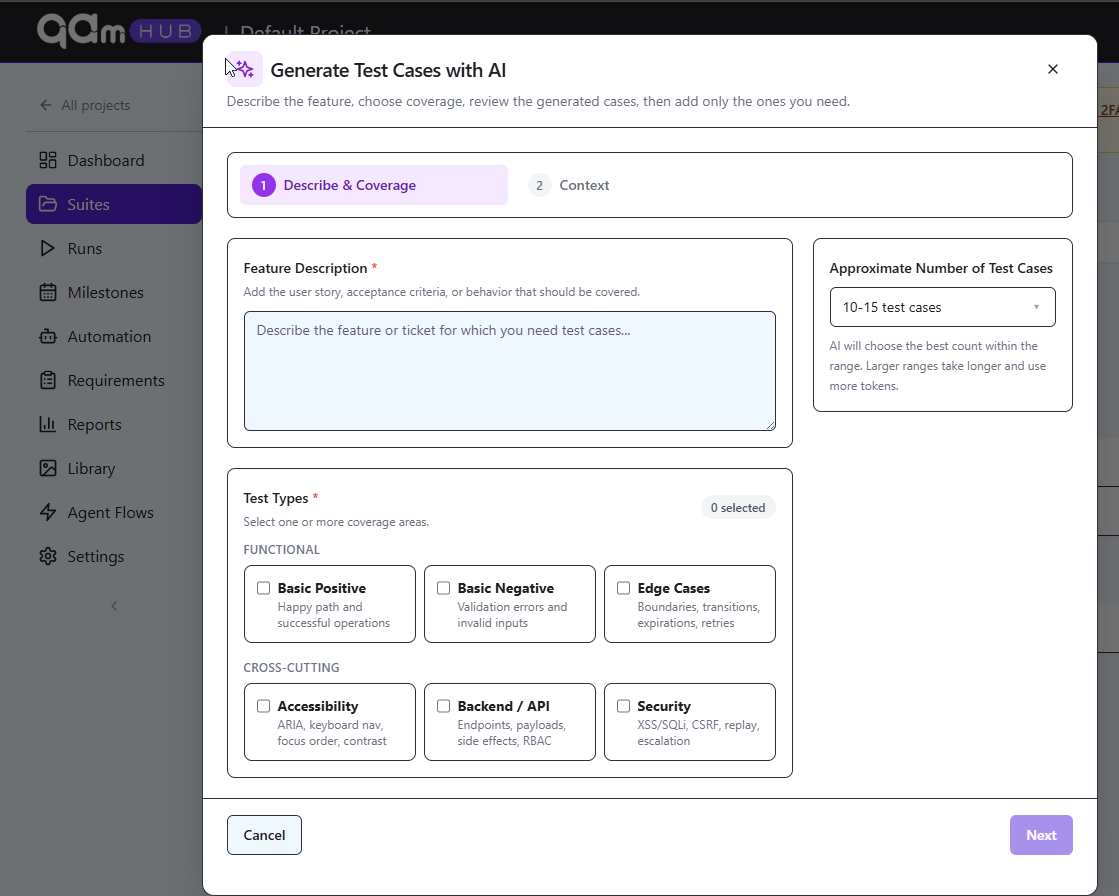 AI generation dialog in QAM Hub with a feature description entered