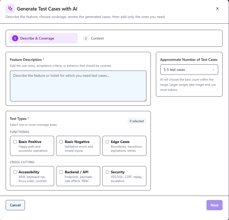 QAM Hub generating a test case from a description
