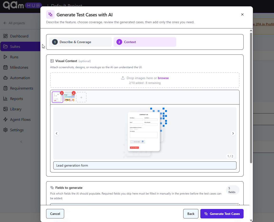 Generating test cases in QAM Hub from an uploaded screenshot of a form