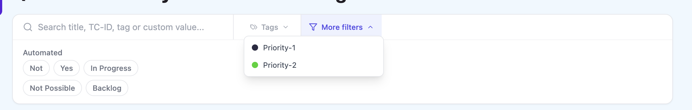 QAM Hub test case list filtered by tag to batch-review one area of the suite
