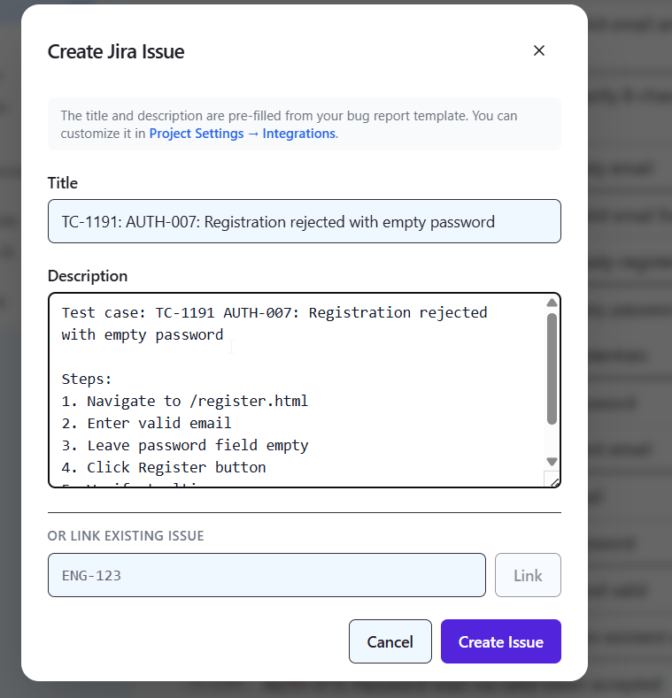 QAM Hub test run with a failed step raising a linked Jira defect