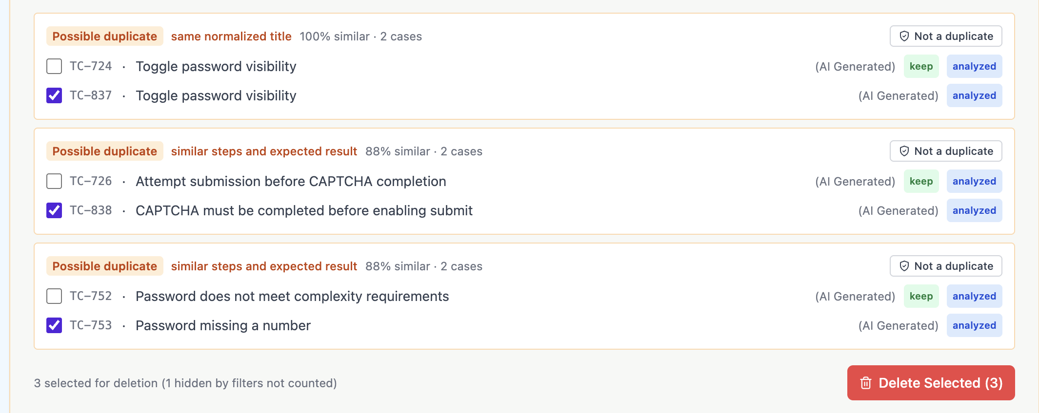 QAM Hub Quality Analyzer flagging duplicate and vague test cases with suggested fixes