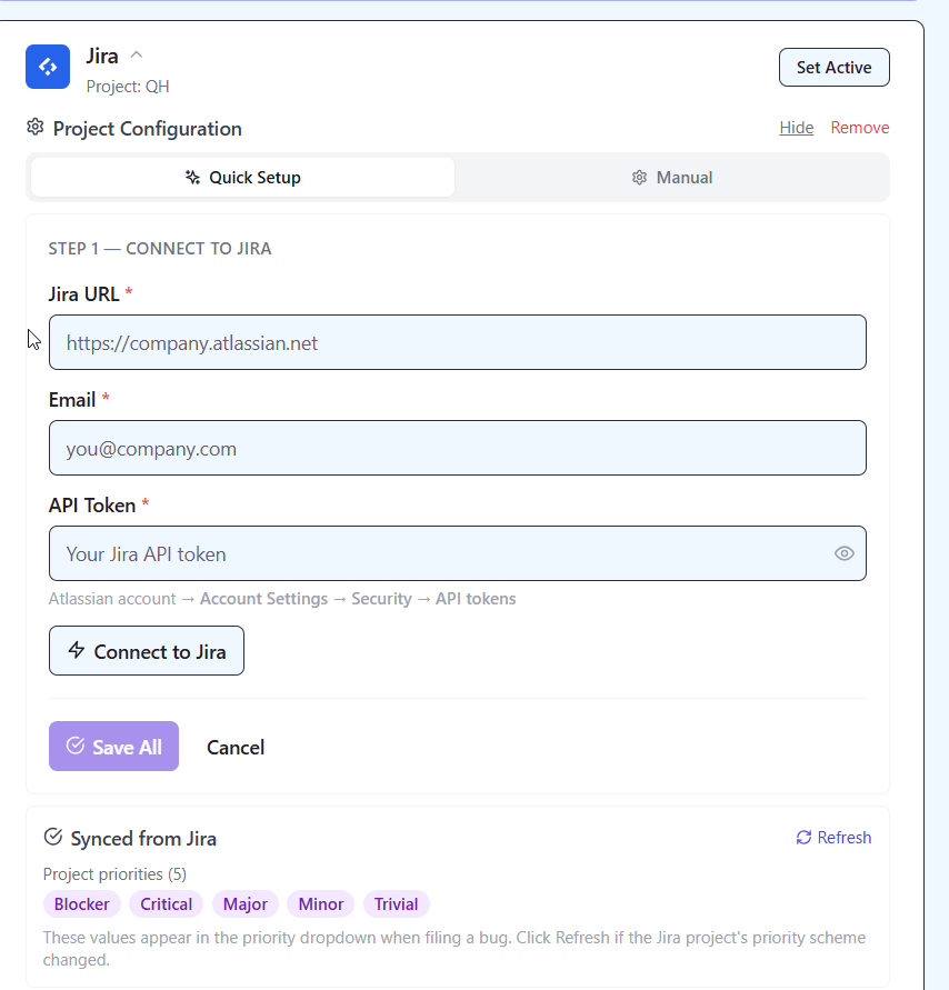 QAM Hub two-way Jira integration settings showing linked project and defect sync
