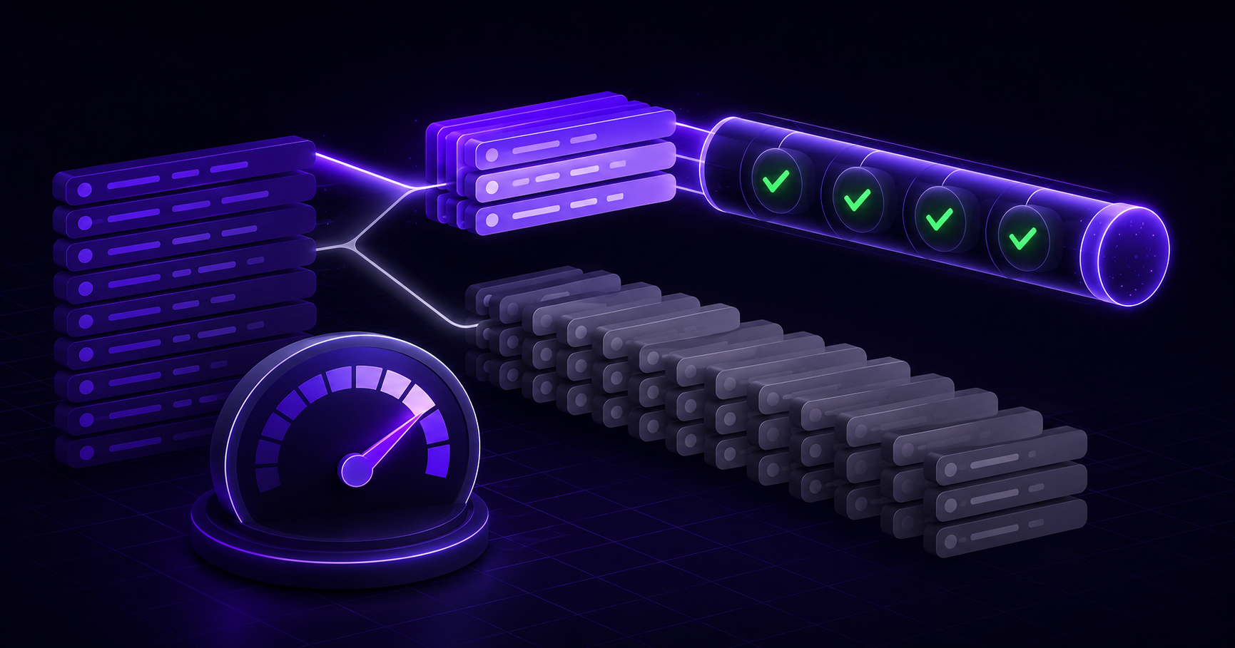 Isometric dark-mode illustration of a stack of test rows splitting into two streams, a small tight group of green automated runs flowing into a pipeline while a larger group stays on a manual track, with a scoring dial in the foreground.