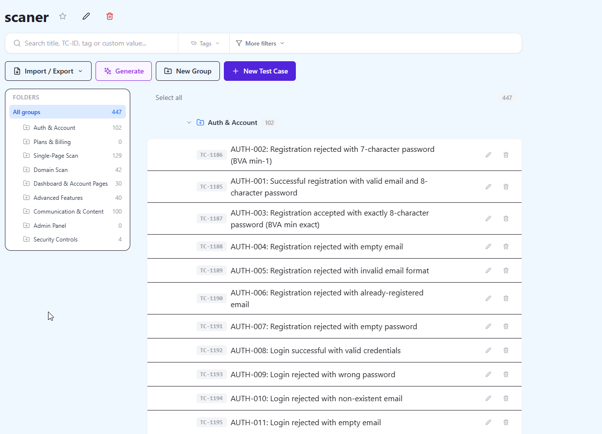 Test suite tree in QAM Hub after a spreadsheet import, showing nested suites and imported test cases with steps