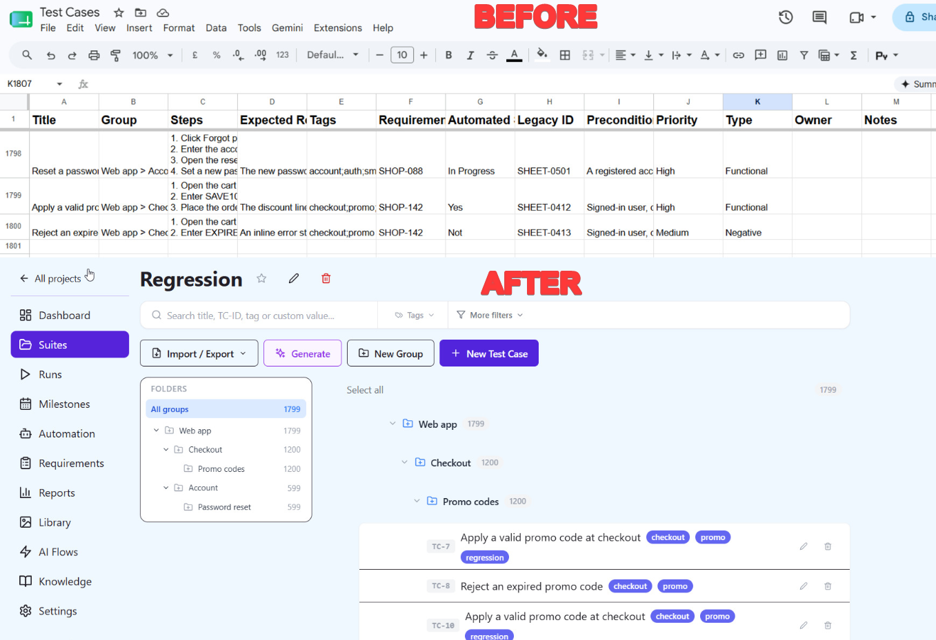 Side by side view of a messy test case spreadsheet and the same cases organised into suites in QAM Hub