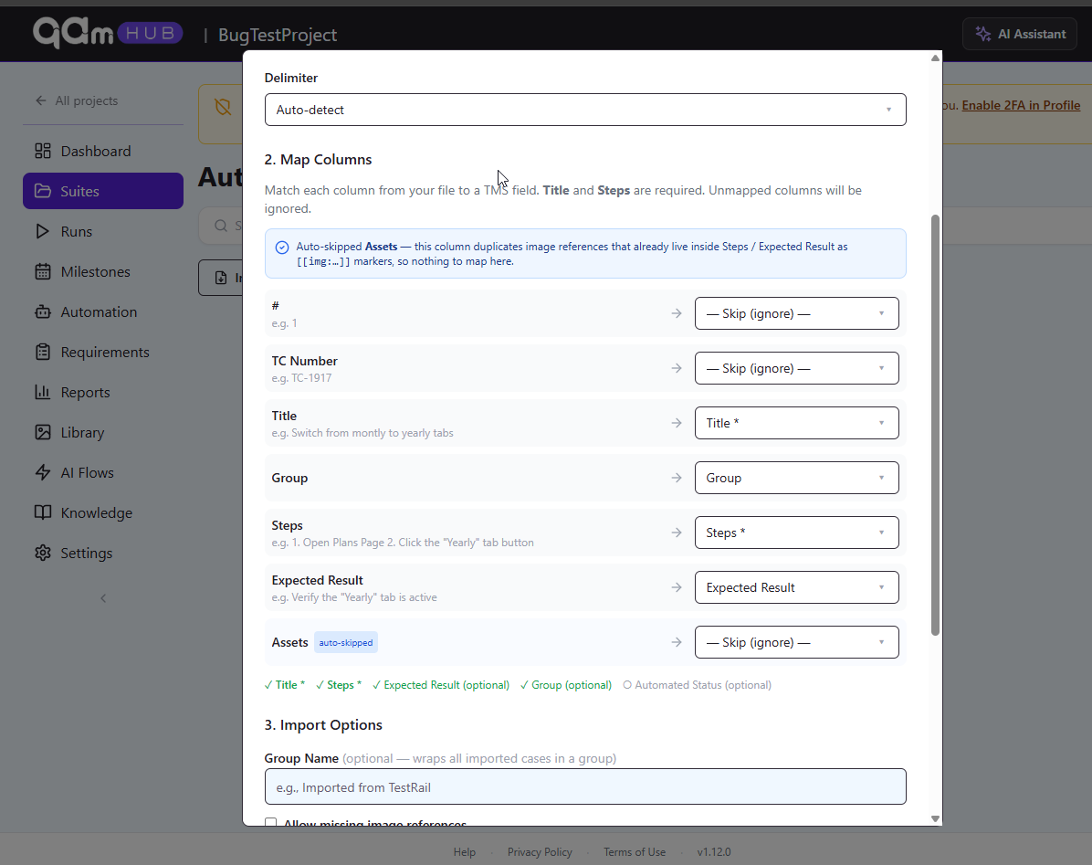 Field reference panel in QAM Hub listing the built-in CSV import fields Title, Steps, Expected Result, Group, Automated Status, Requirements and Tags with their limits