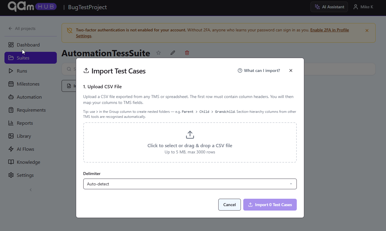 Import Test Cases dialog in QAM Hub showing the CSV upload area with a 5 MB and 3000 row limit and a delimiter selector set to auto-detect