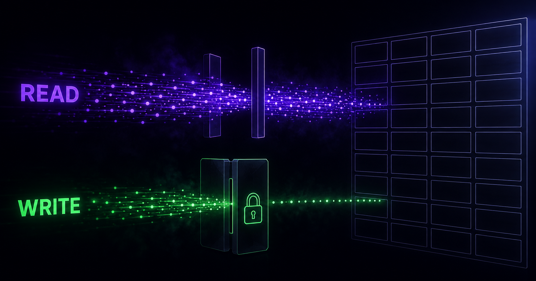 Two channels of data flowing into a structured test case grid, one passing through a narrow filtered gate and one blocked before it arrives