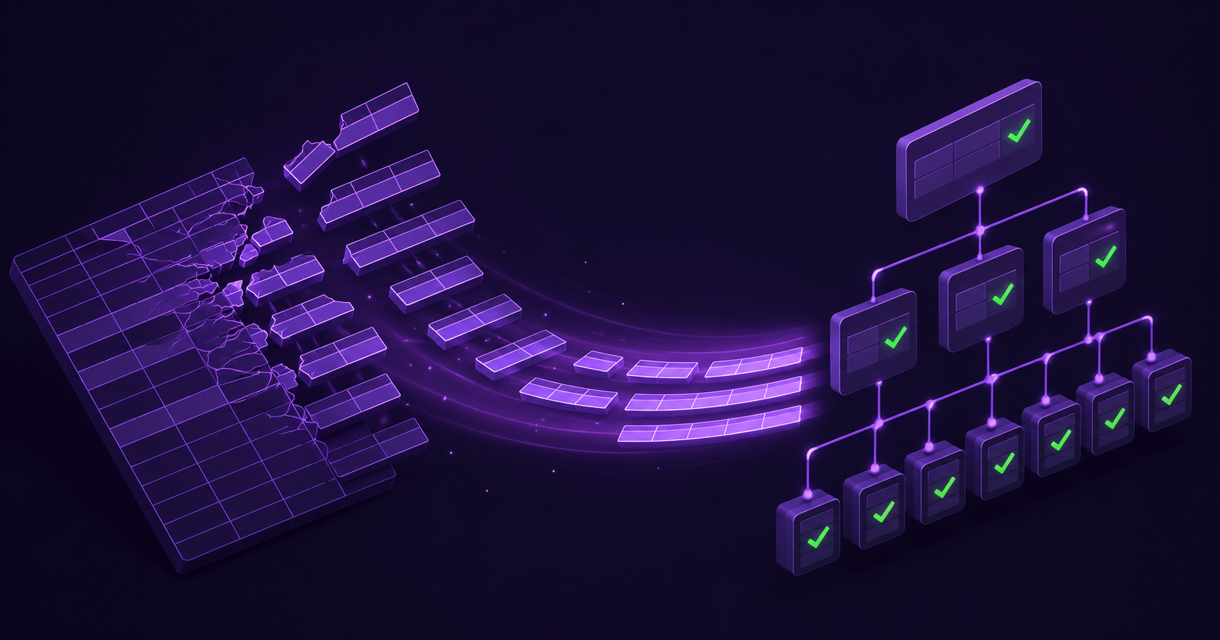 Isometric illustration of a cracked spreadsheet grid on the left feeding a stream of clean structured rows into a nested test suite tree on the right, dark violet palette