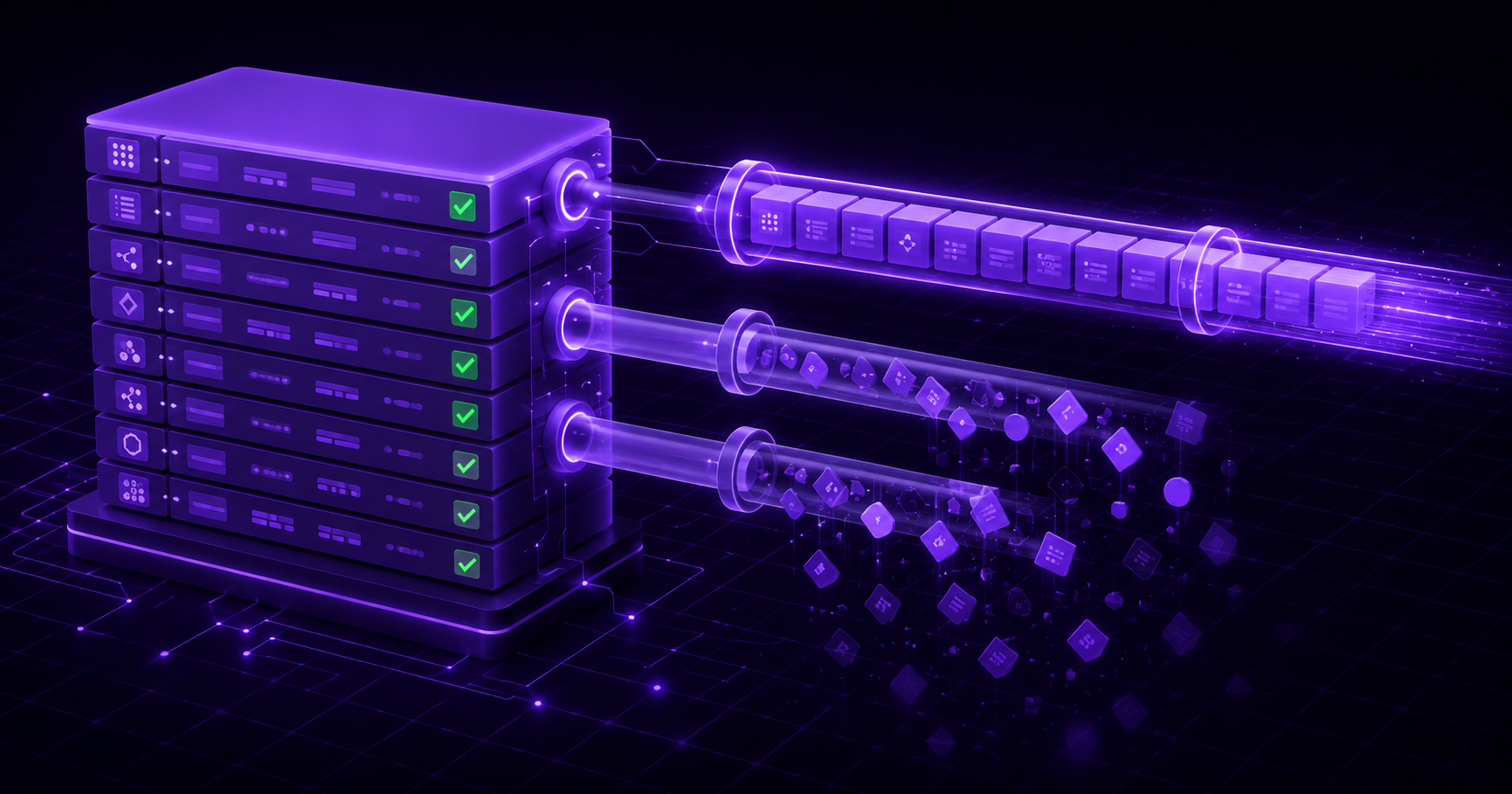 Isometric illustration of three export pipes leaving a dark data structure, one carrying stacked document rows intact while the other two drop image tiles and execution-history nodes into empty space below.