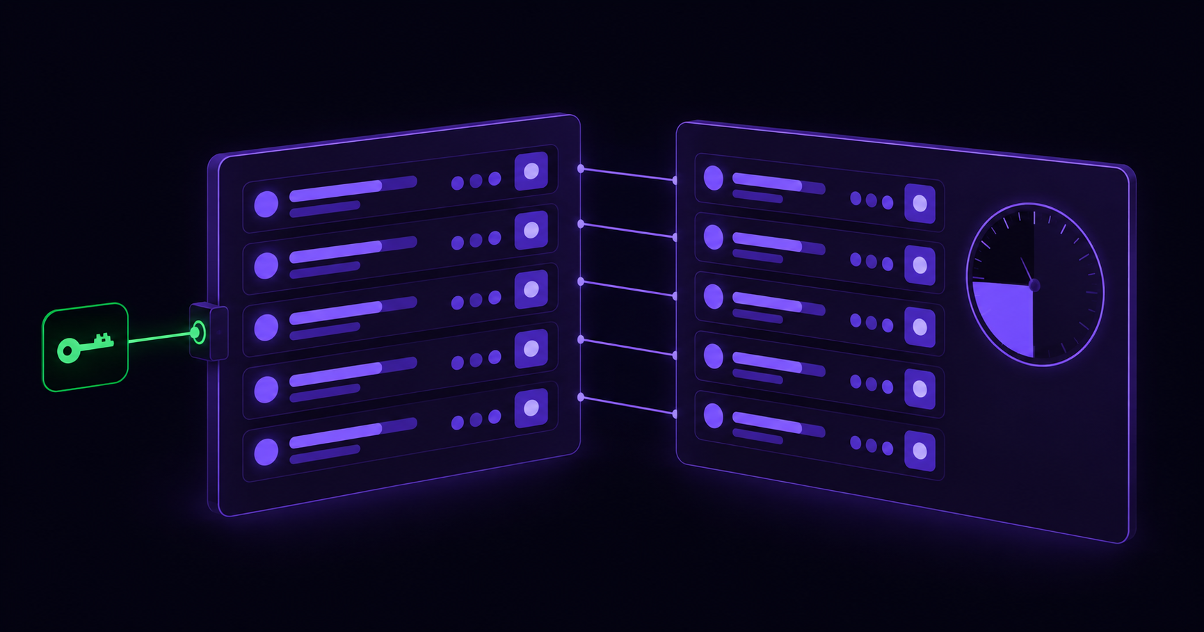 Two AI test automation panels side by side, one with a credit meter draining and one with an external key connected