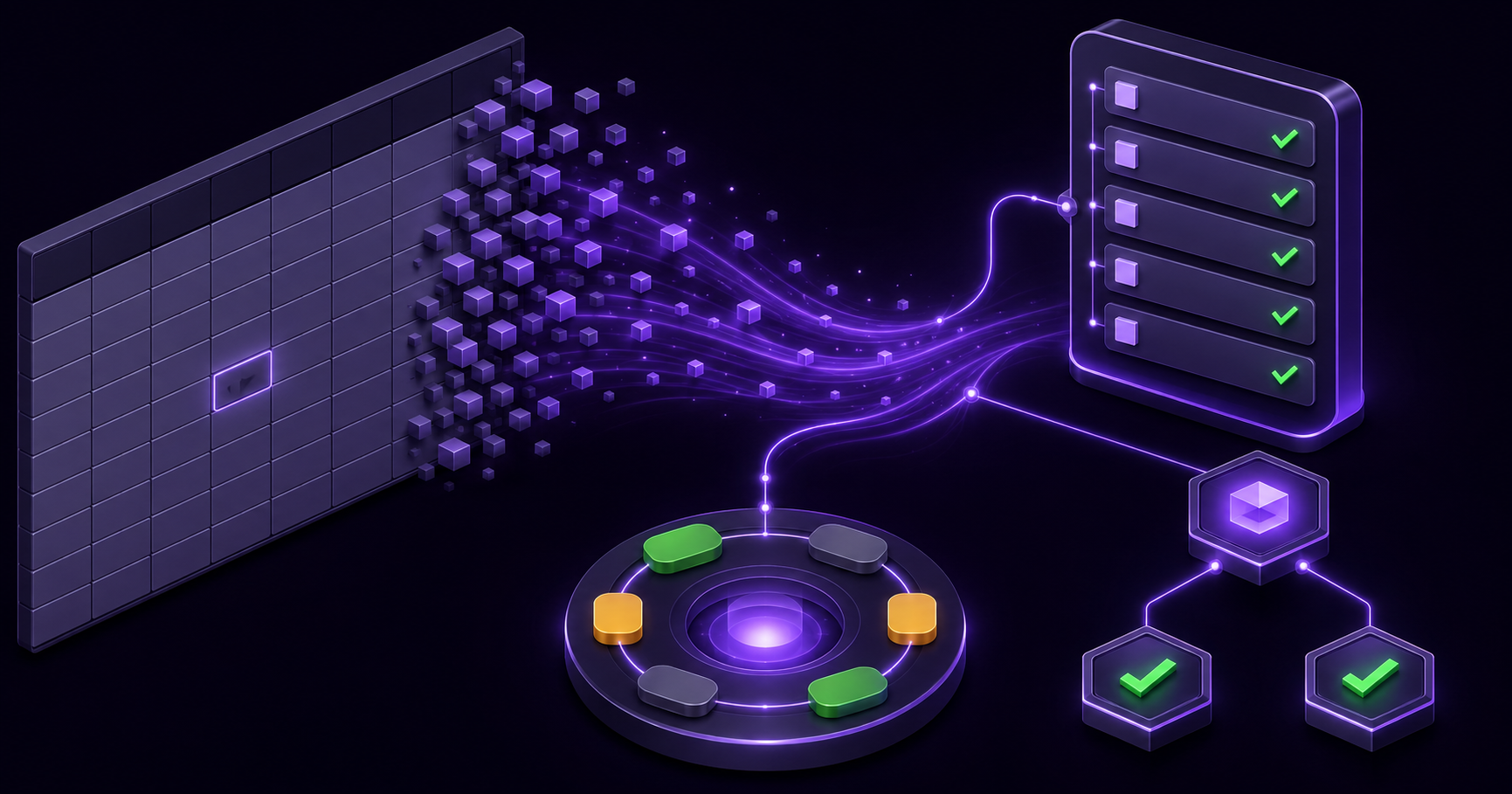 Isometric illustration of a fracturing spreadsheet grid on the left resolving into linked test case, test run and requirement nodes on the right, in dark violet and green