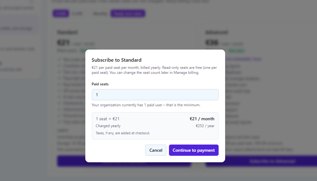 QAM Hub billing screen with plan selection, billing interval toggle and seat count