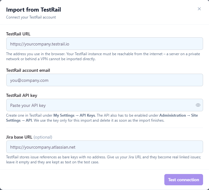 QAM Hub Import from TestRail dialog with fields for TestRail URL, account email, API key and an optional Jira base URL