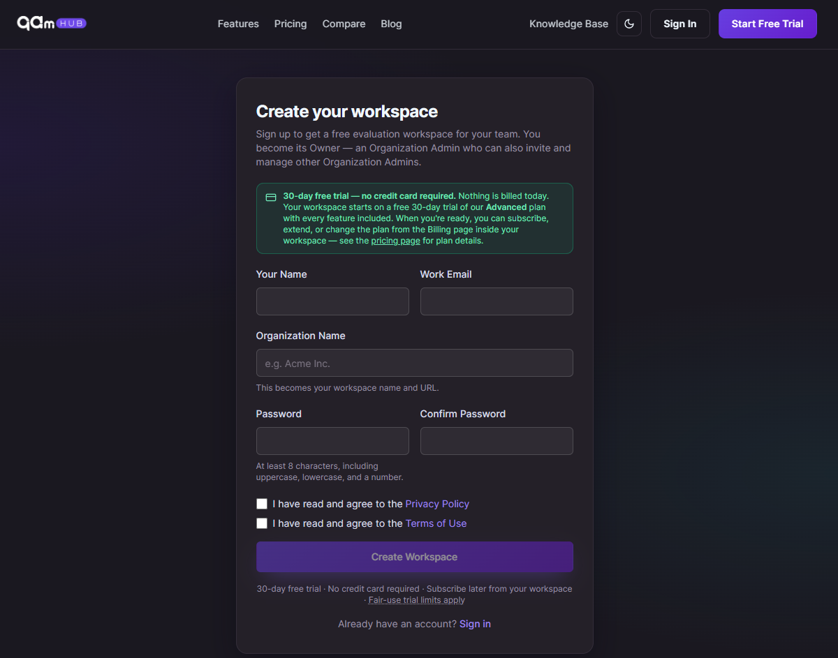 QAM Hub sign-up form showing the Your Name, Work Email and Organization Name fields