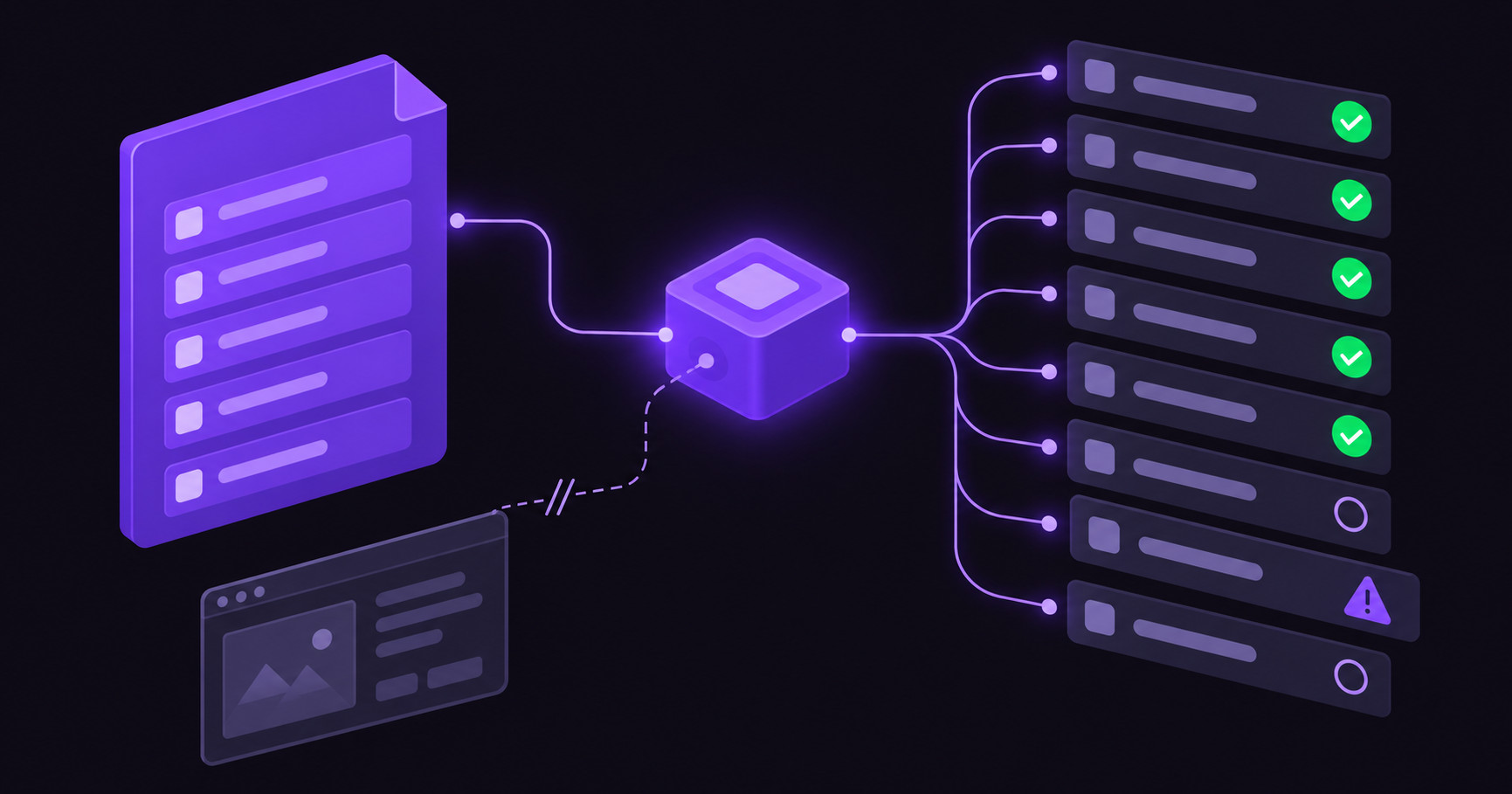 Isometric illustration of requirement rows feeding an AI node that outputs a stack of test cases, most approved with green checks and one flagged for review, with a screenshot input path shown blocked.