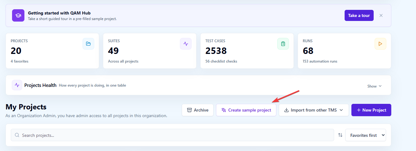 QAM Hub Organization Home page with the Getting started card and the Take a tour button