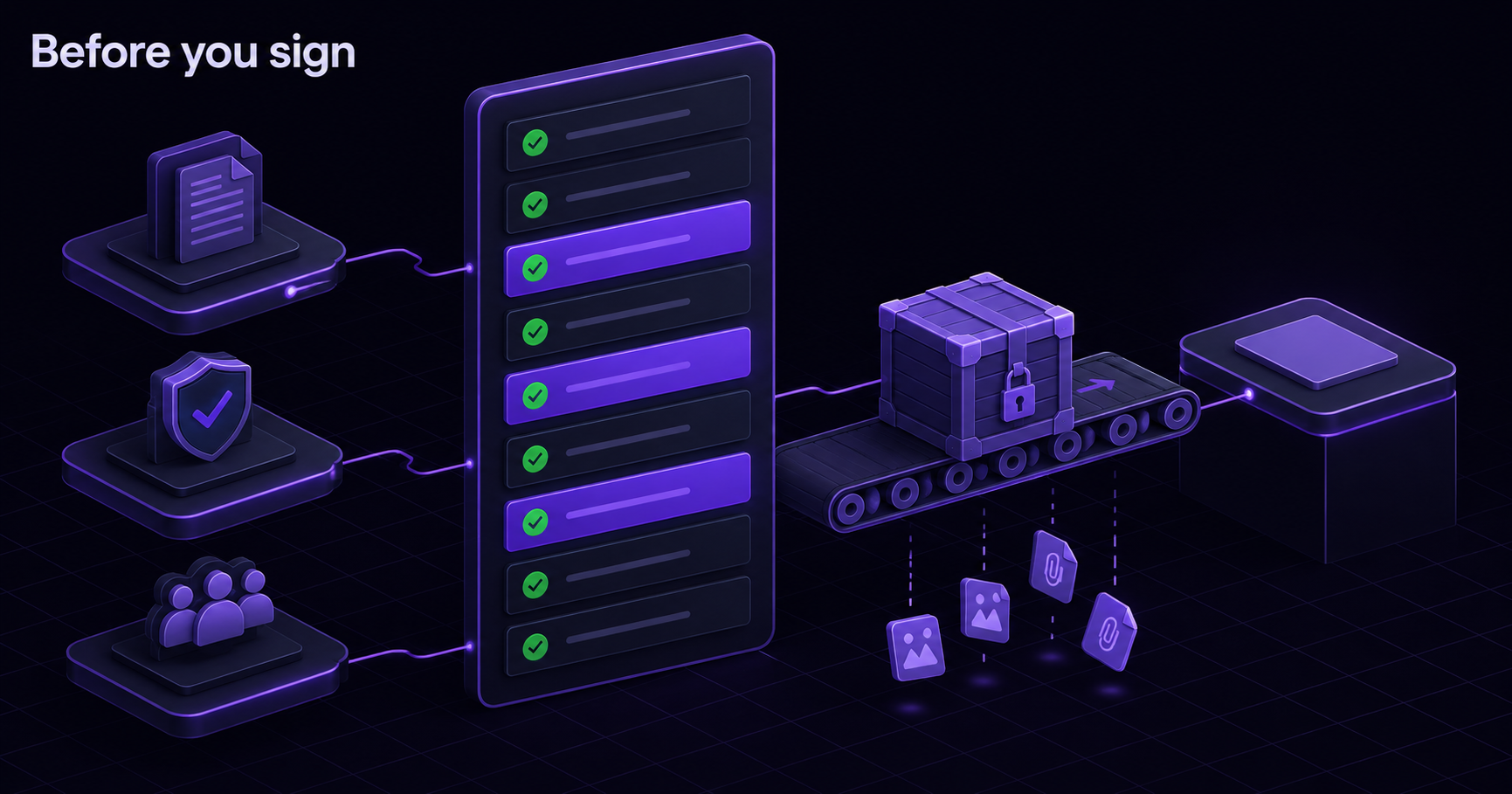 Checklist panel beside a data crate moving between two test management platforms, with attachment icons falling out in transit