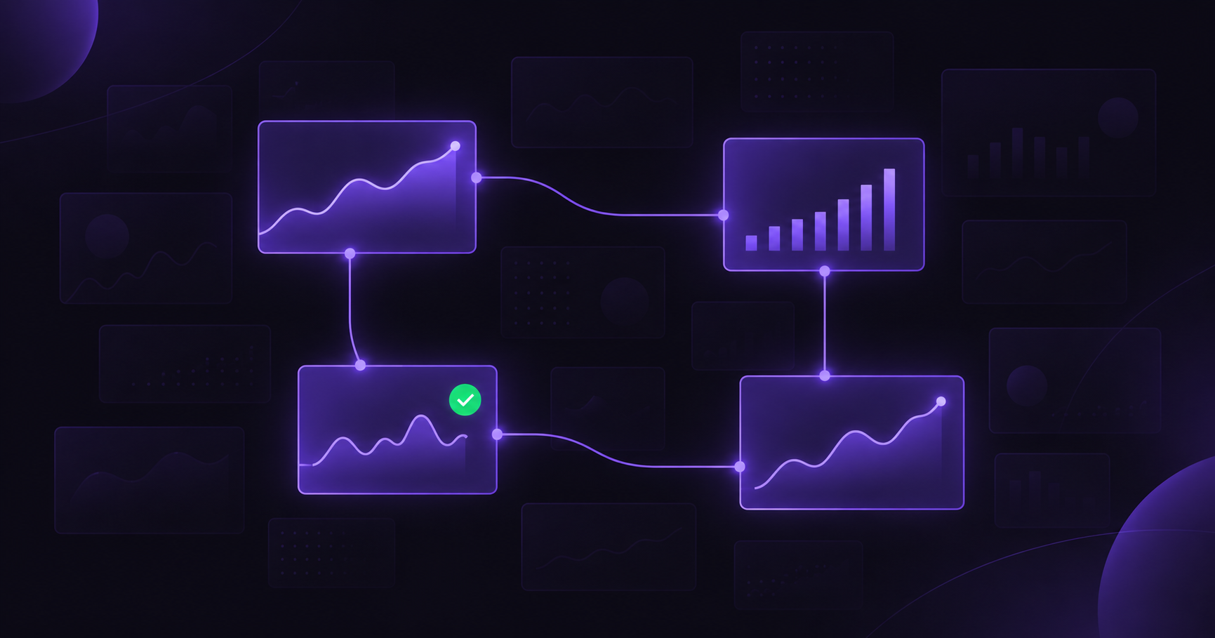 Dark dashboard illustration where four metric panels stay lit and several others fade out, showing a shortlist of QA metrics