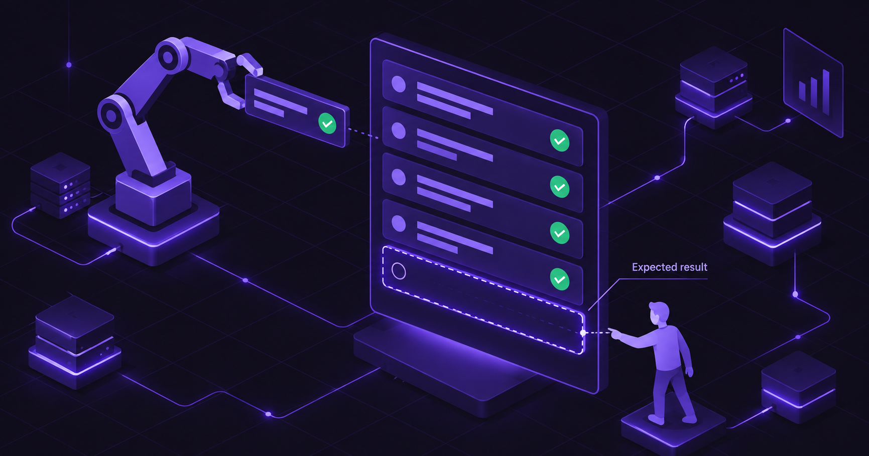Dark violet illustration of a test case panel with generated input rows filled in and the expected-result row left blank and highlighted.