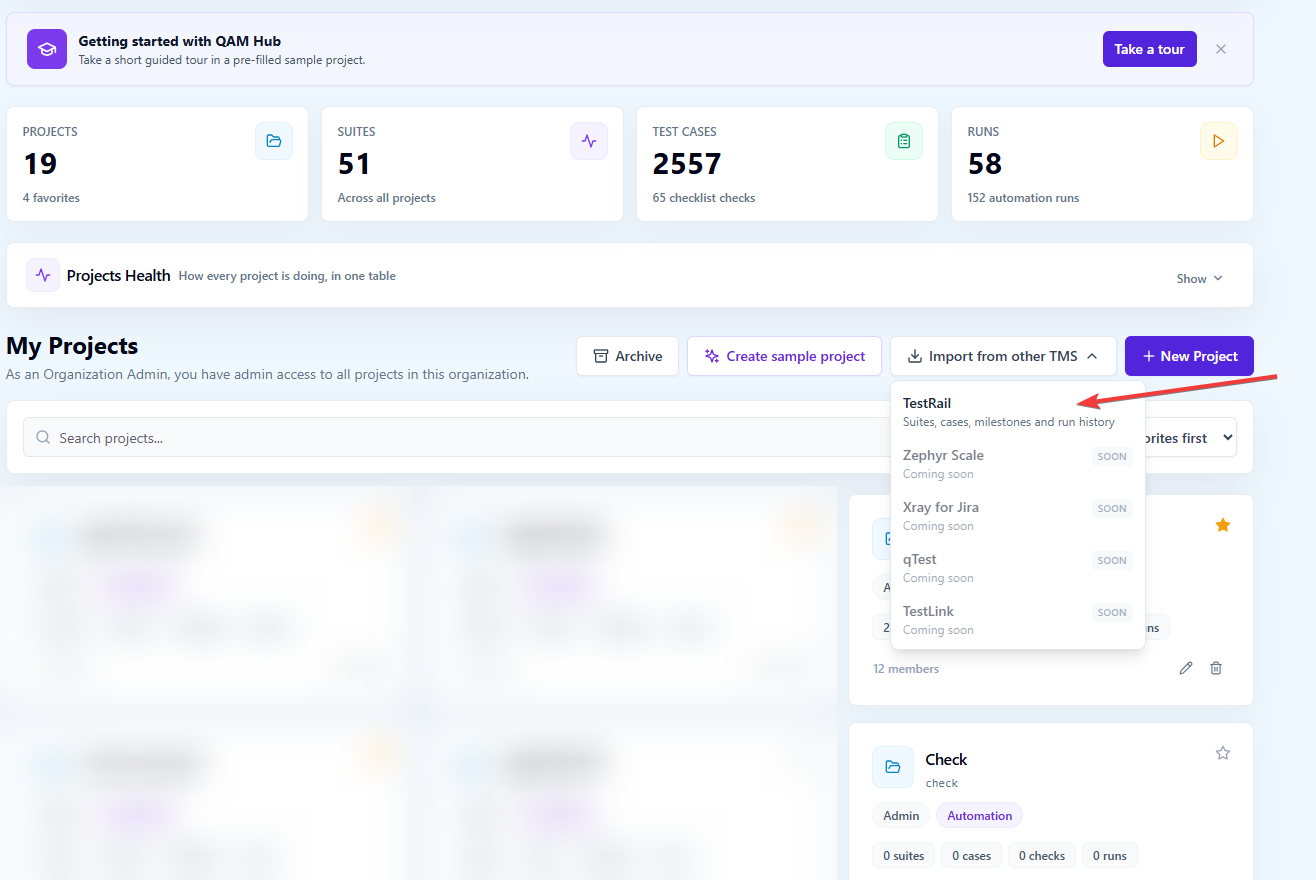 Import from other TMS menu on the QAM Hub Organization Home page, with TestRail available and four other tools marked coming soon