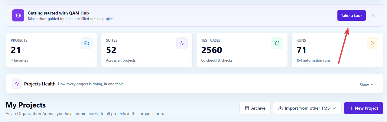 Guided tour on the Organization Dashboard Page