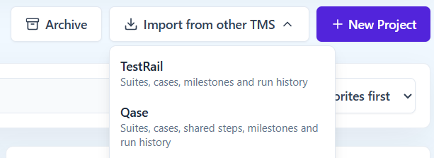 Import from other TMS menu on the QAM Hub Organization Home page with TestRail and Qase listed