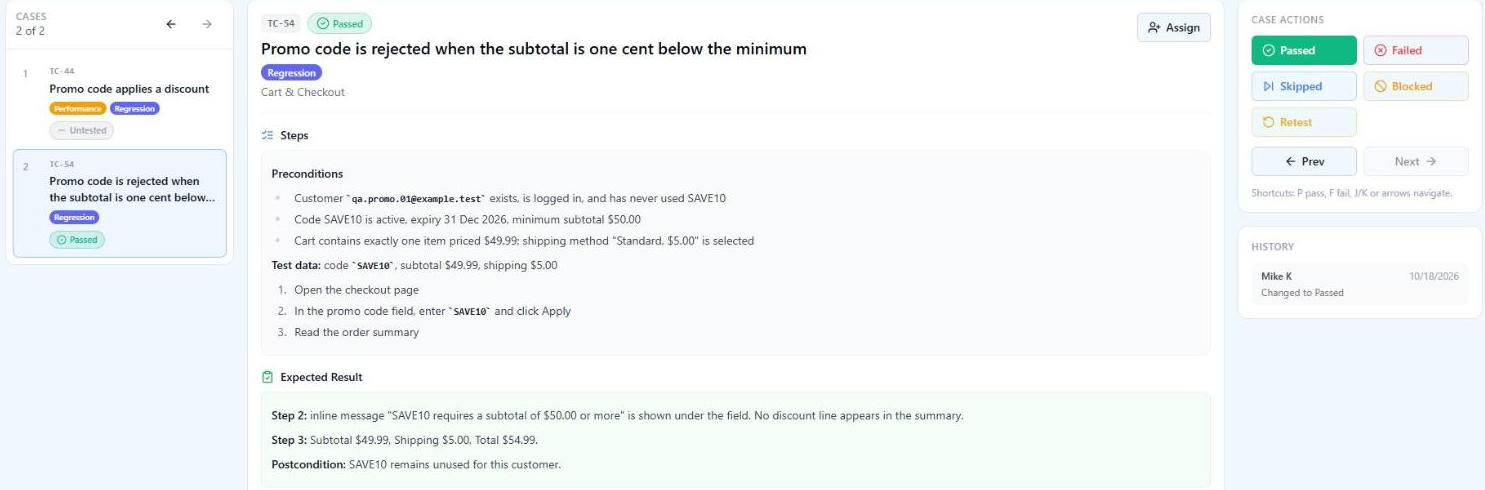 Test case TC-54 open in QAM Hub run mode: preconditions, test data, three numbered steps and the expected result per step, with the status set to Passed
