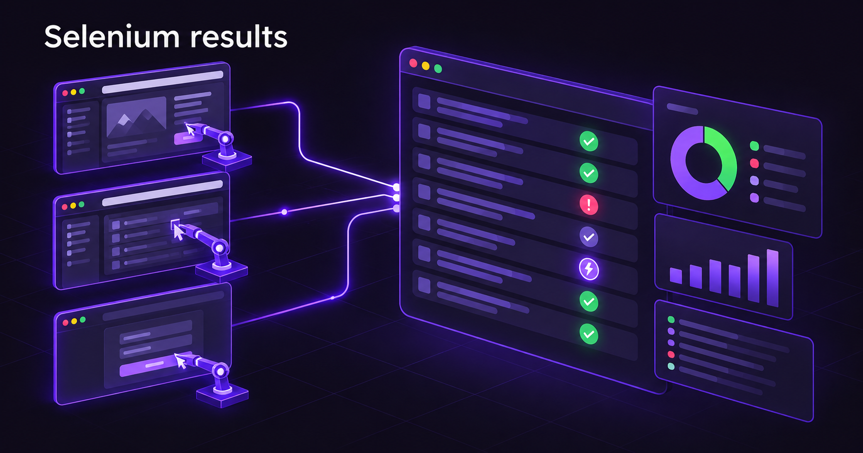 Browser windows driven by automated tests sending result rows with pass, fail and flaky markers into one central test management panel