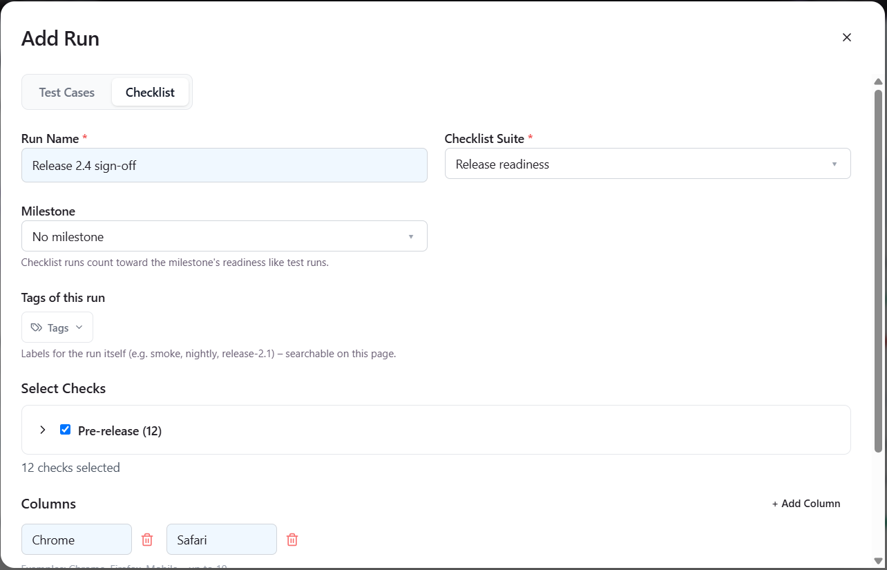Add Run dialog in QAM Hub on the Checklist tab with a run name, the selected checklist suite, the selected checks and two columns named Chrome and Safari