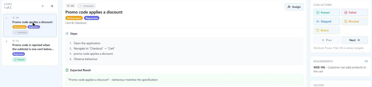 A vague test case in run mode: steps "Open the application", "Navigate to Checkout", "promo code applies a discount", "Observe behaviour" and the expected result "behaviour matches the specification"
