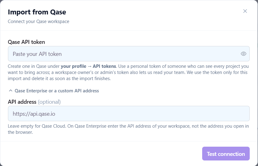 Import from Qase dialog in QAM Hub with the Qase API token field and the optional API address for Qase Enterprise